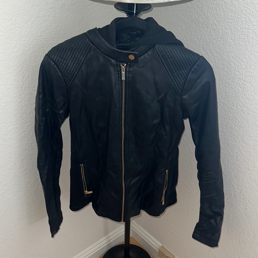 G by Guess Black Leather Jacket High Collar Slim Fit